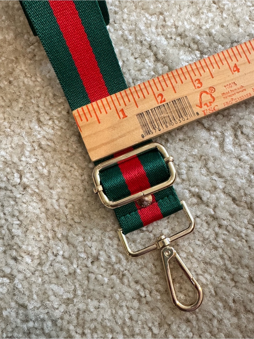 🔹 NWOT Adj Dark Green & Red Stripe Purse Strap | Gold Hardware Pom Pom London - Picture 5 of 6